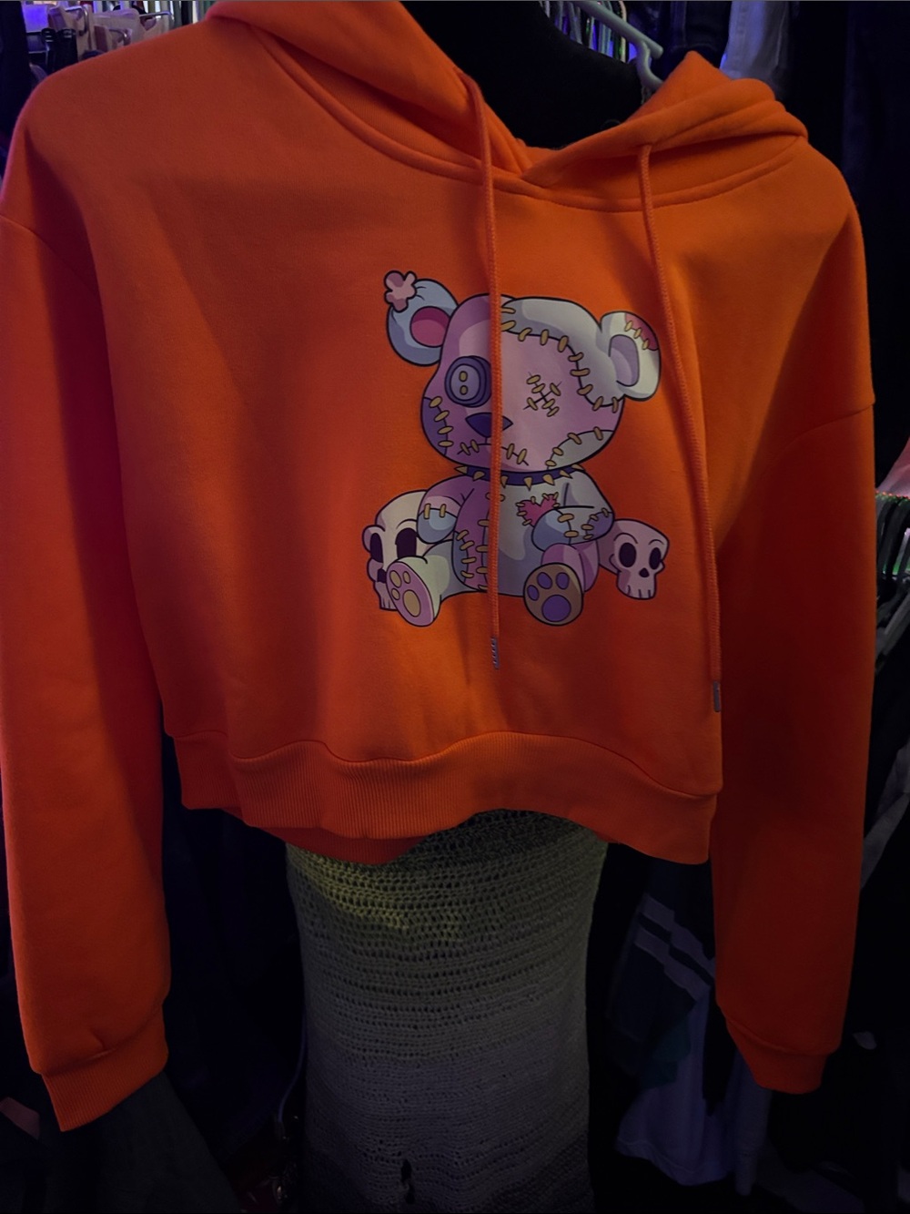 SHEIN Orange Cropped Hoodie Sweater with Patchwork Teddy Graphic